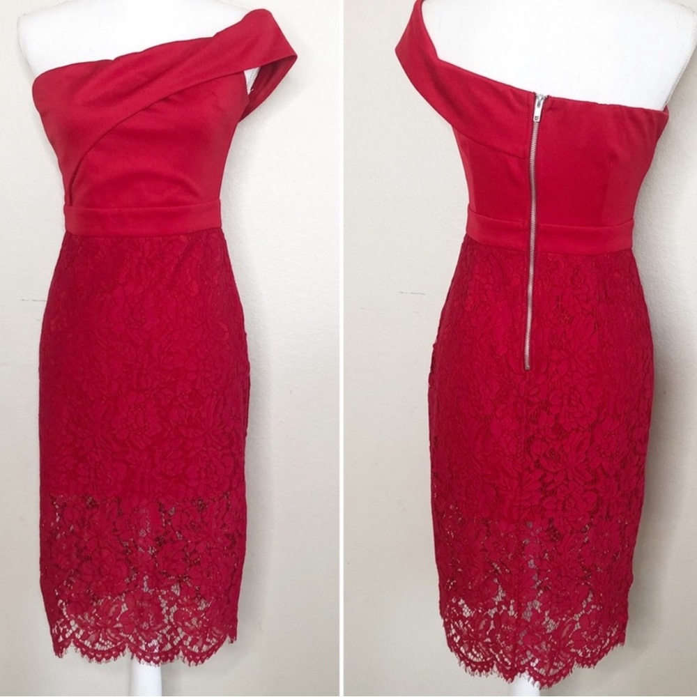 NWOT One Shoulder Strap Red Lace Midi AKIRA Dress